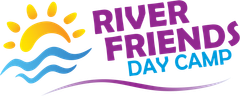 A logo for river friends day camp with a sun and waves