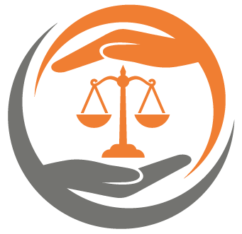 Scales of justice within hands, orange and gray circle, representing protection of law.