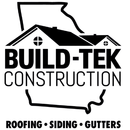 A black and white logo for Build-Tek Construction roofing, siding, and gutters.