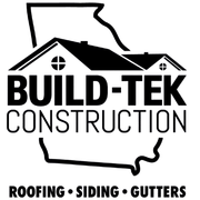 A black and white logo for Build-Tek Construction roofing, siding, and gutters.