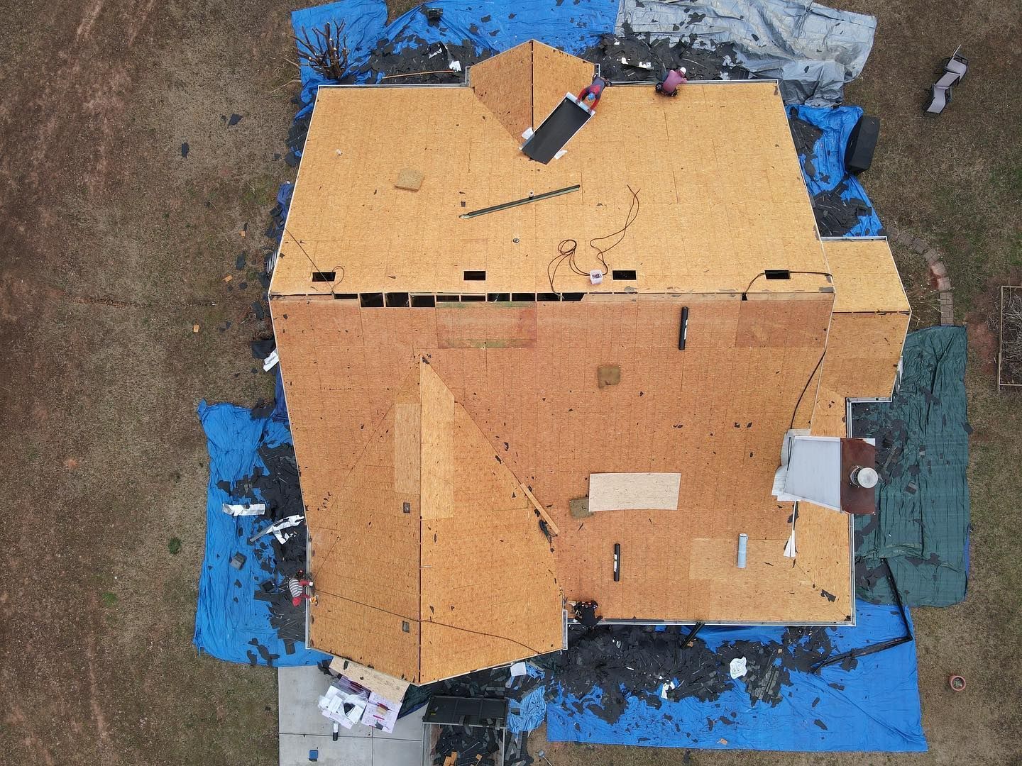 An aerial view of a house that is being built