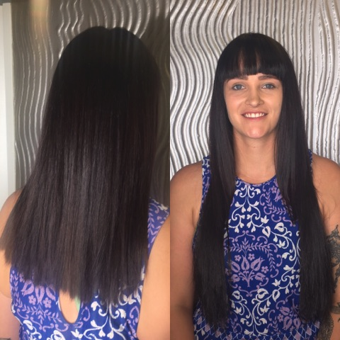 A Woman With Long Black Hair Is Wearing A Blue Dress — Fuse Hair & Beauty In Darwin City, NT