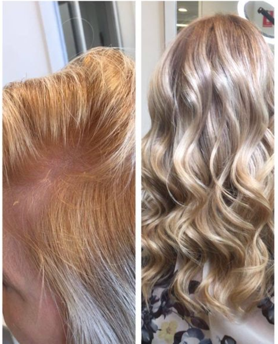 A Before And After Photo Of A Woman 's Blonde Hair — Fuse Hair & Beauty In Darwin City, NT