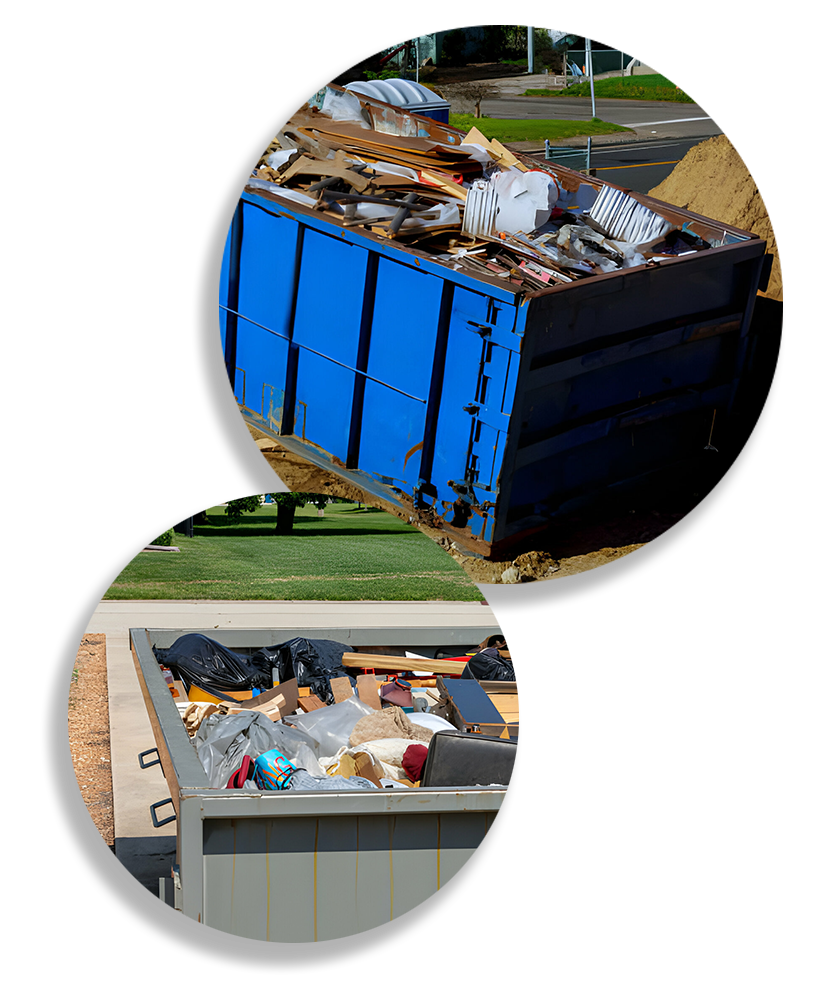 a blue dumpster with a lot of trash in it