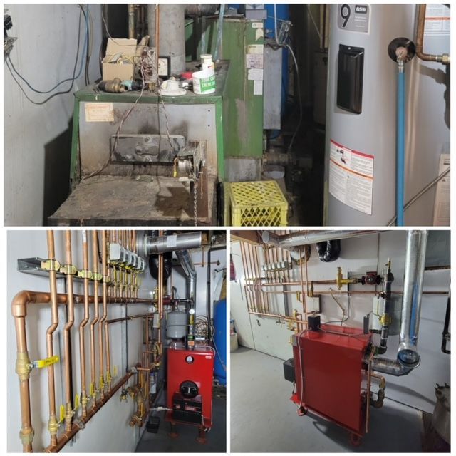 A collage of pictures of a boiler and a water heater