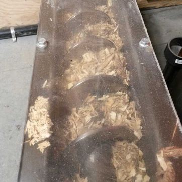 A clear container filled with wood chips is sitting on a table.