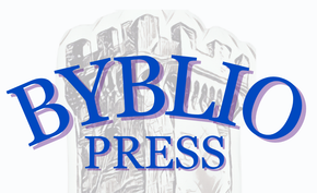 A logo for byblo press with a drawing of a building in the background