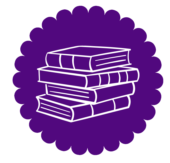 A purple circle with a stack of books inside of it.