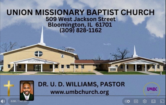 Business card for Union Missionary Baptist Church. Building photo, contact information, and pastor Dr. U.D. Williams.