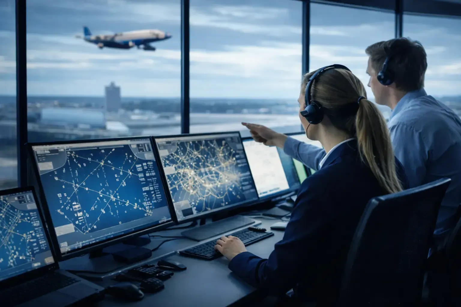 Two air traffic controllers in a control room, pointing at screens displaying flight paths. Airplane visible through window.