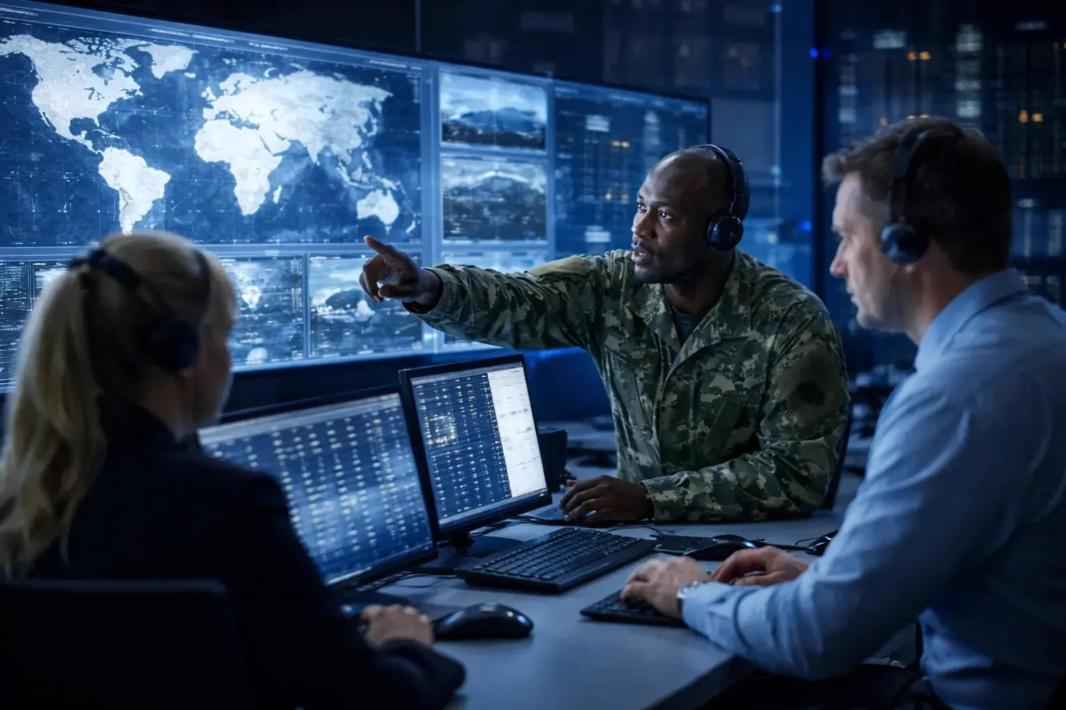 Three people in a control room, looking at computer screens and a world map. One points.