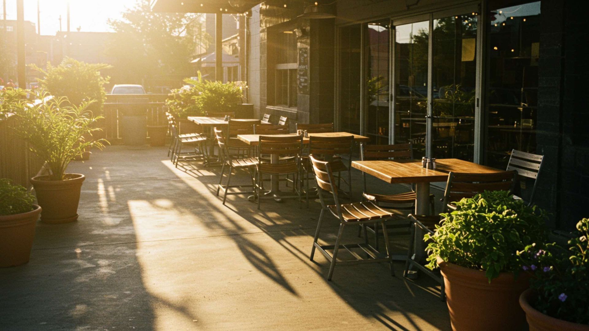 Outdoor cafe with tables and chairs, lit by golden sunlight.