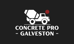 Concrete Pro Galveston logo: white concrete truck icon with red dot on a black background.