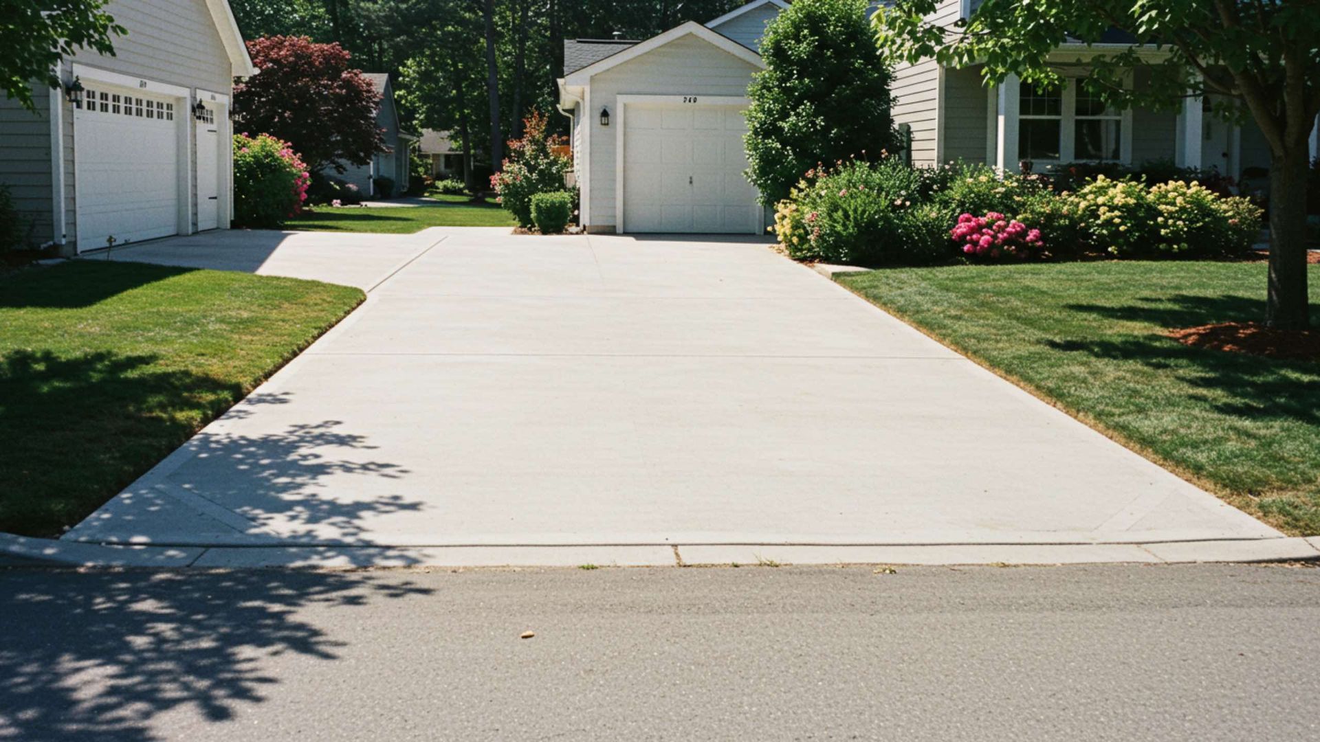 Concrete driveway leading to a house with a garage, flanked by green grass and a street.