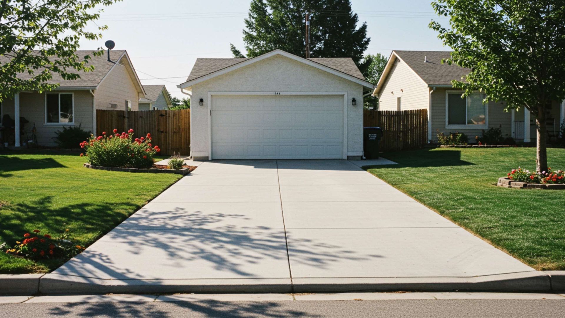 A view from the street of a white suburban garage with a long concrete driveway, flanked by green lawns and two houses.
