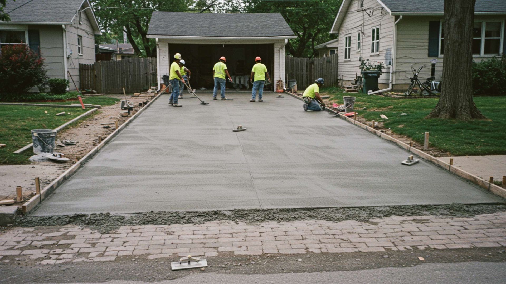 Workers smoothing wet concrete on a residential driveway. They are wearing yellow vests and hard hats.