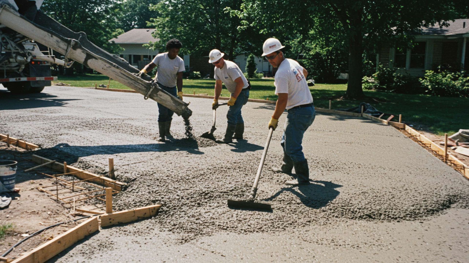 Workers pouring and spreading wet concrete on a driveway with a truck.
