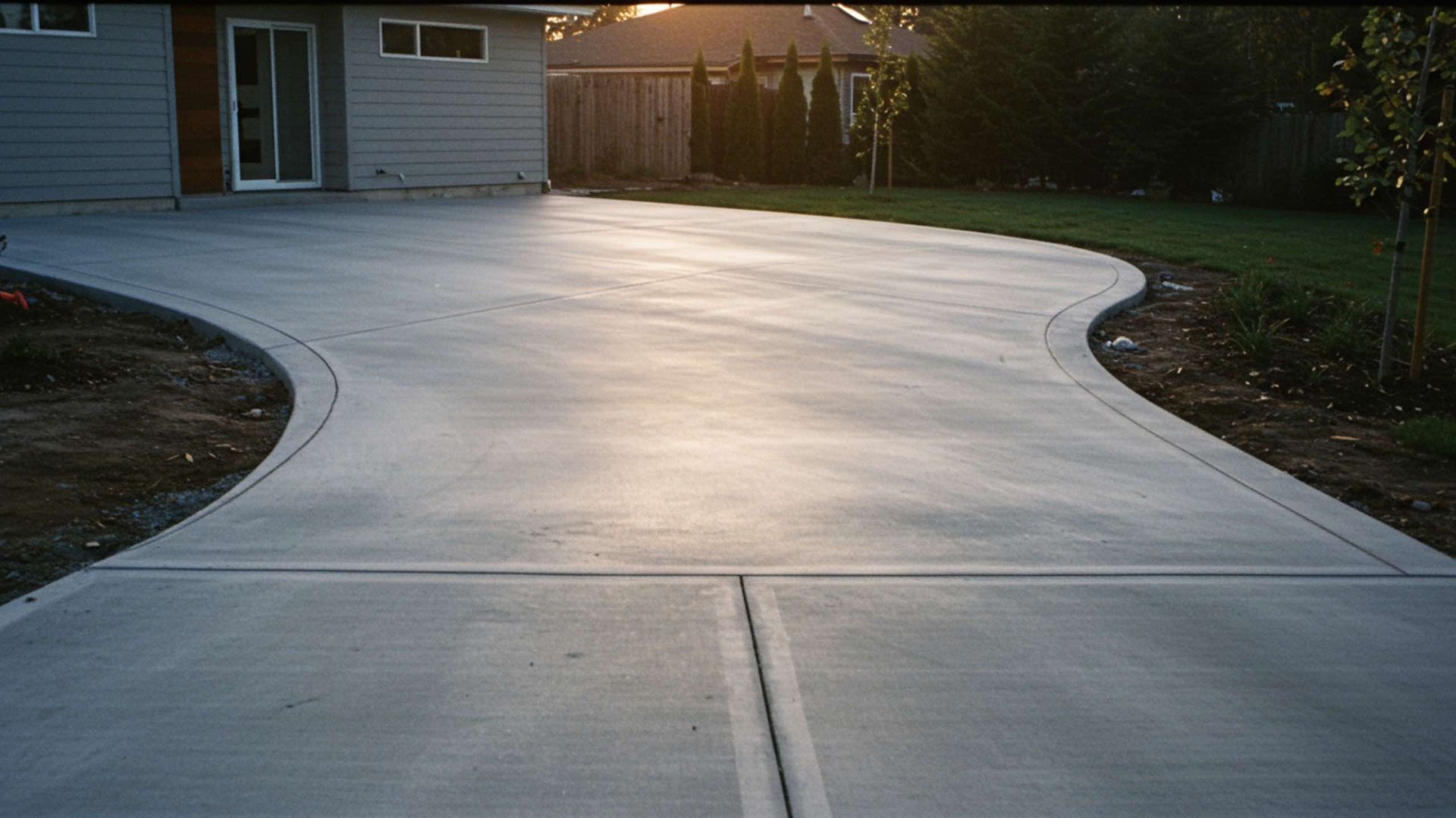 Concrete driveway curving towards a house, with grass on either side.