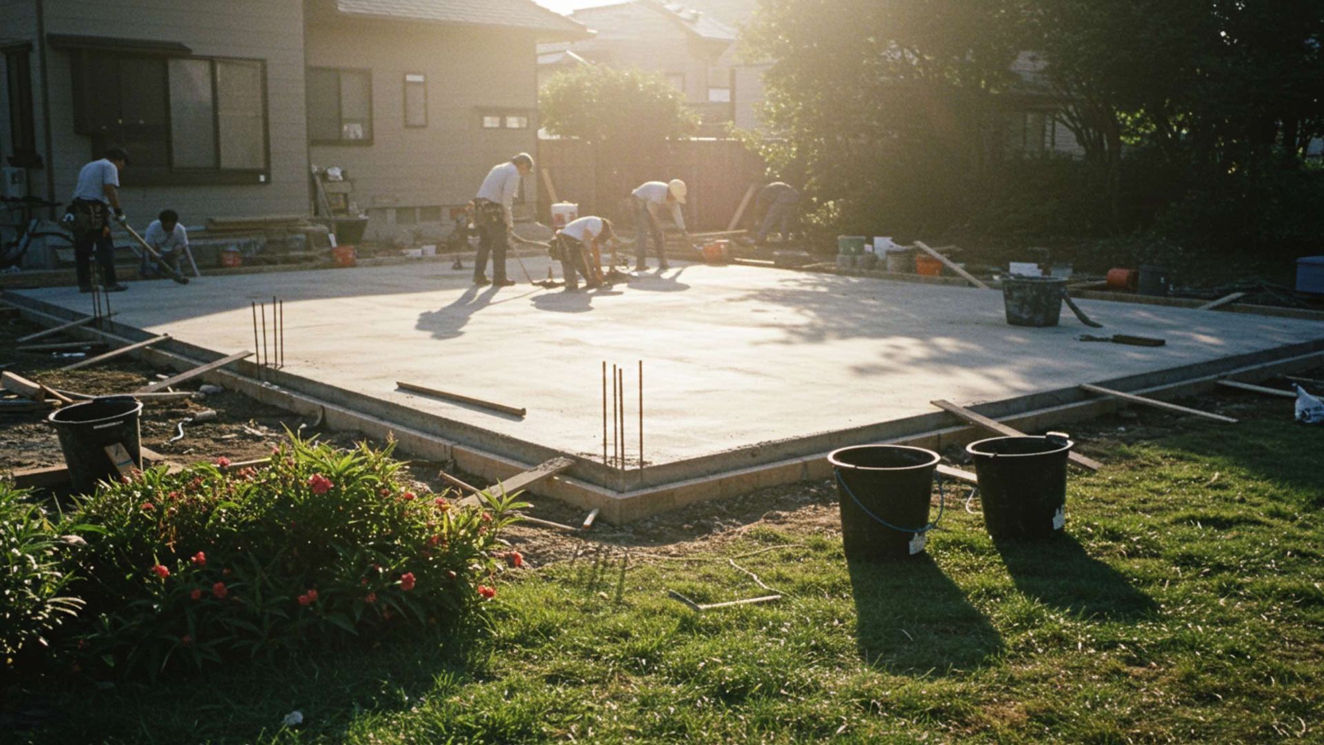 Construction workers building concrete foundation outdoors with tools and sunshine.