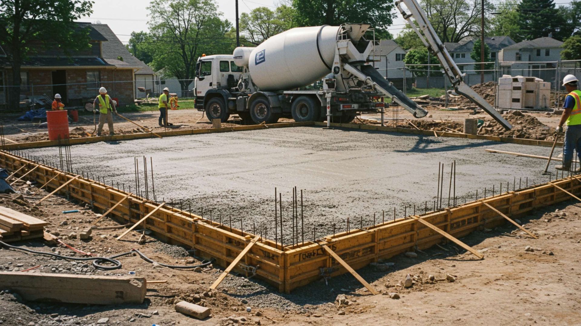 Cement truck pouring concrete into a construction site's wooden formwork, workers in vests nearby.