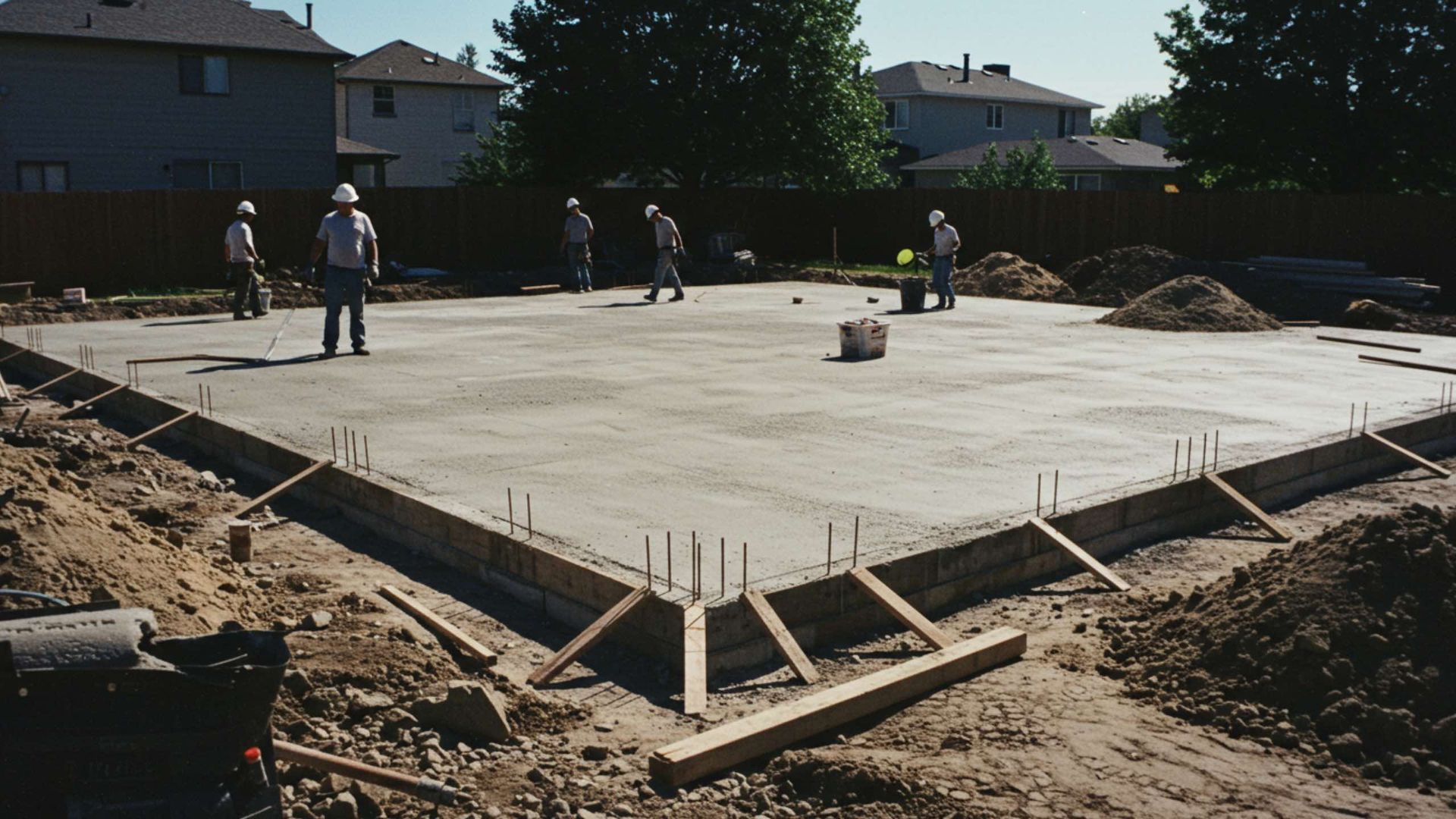 Construction workers leveling a concrete foundation for a building in a suburban setting.