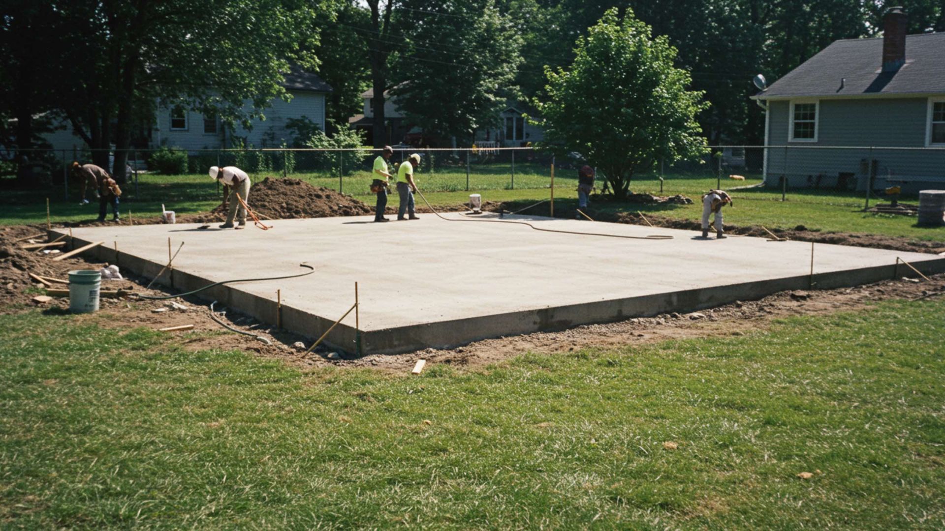 Concrete foundation being constructed, with workers in a backyard setting.
