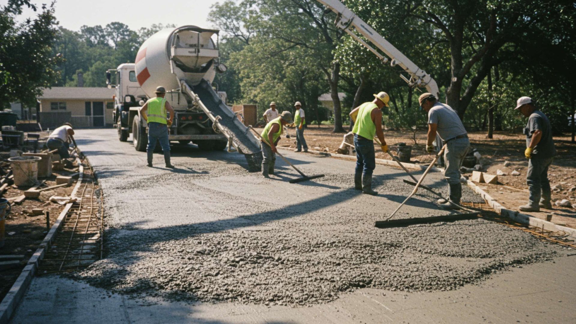 Workers in safety vests pour and level fresh concrete from a truck to pave a driveway.