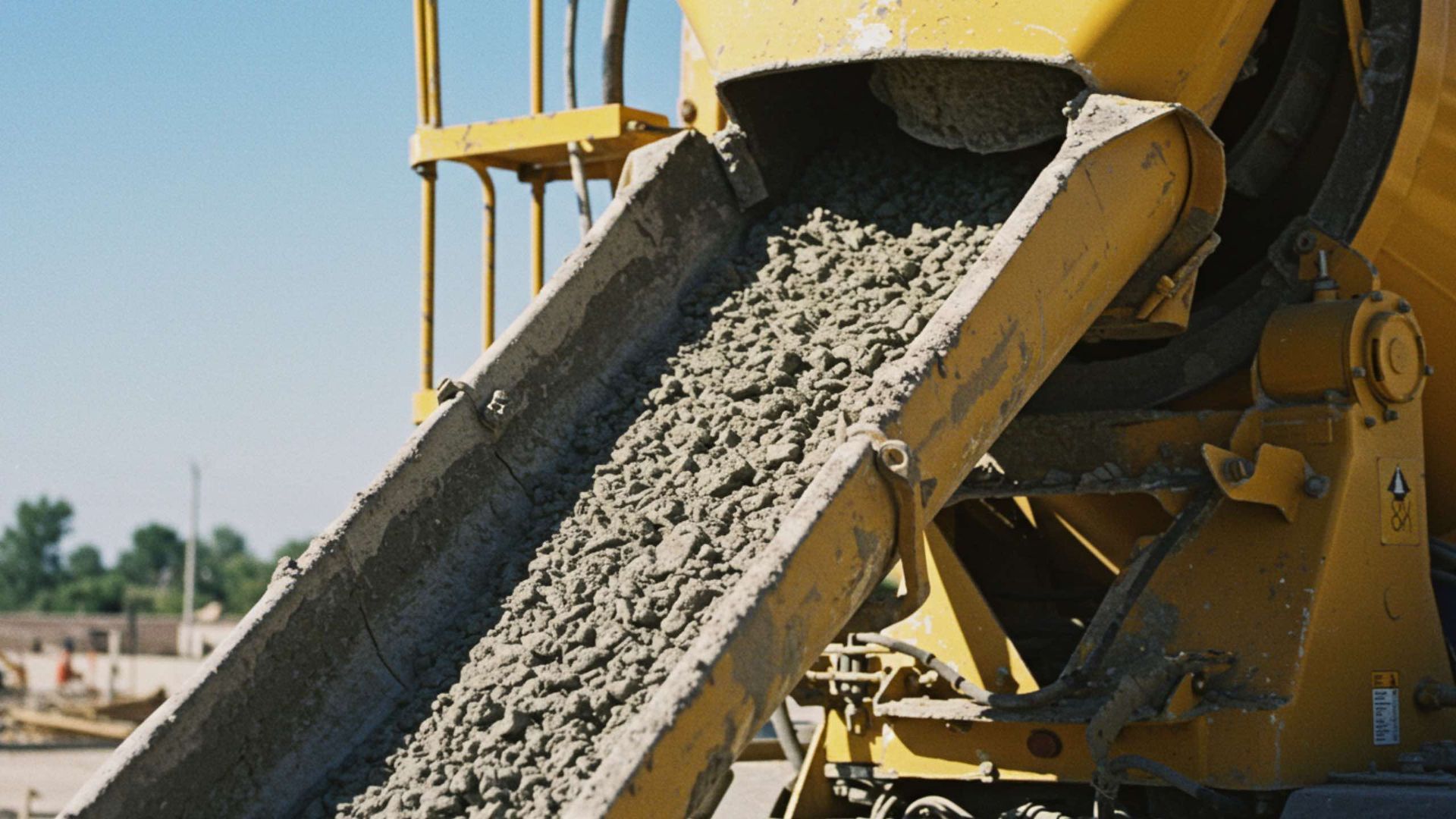 Concrete pouring from a yellow construction mixer truck down a metal chute at a work site.