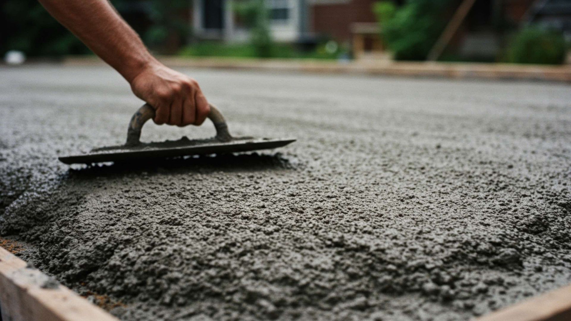 Hand troweling fresh concrete, preparing for a flat surface, outdoors.