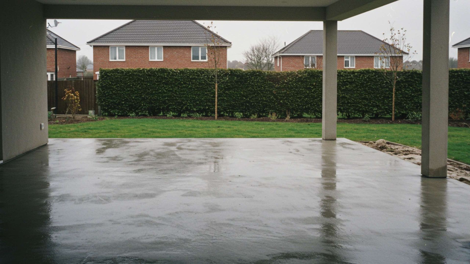 Wet concrete patio under a covered area, looking out at a backyard, houses, and green hedge.