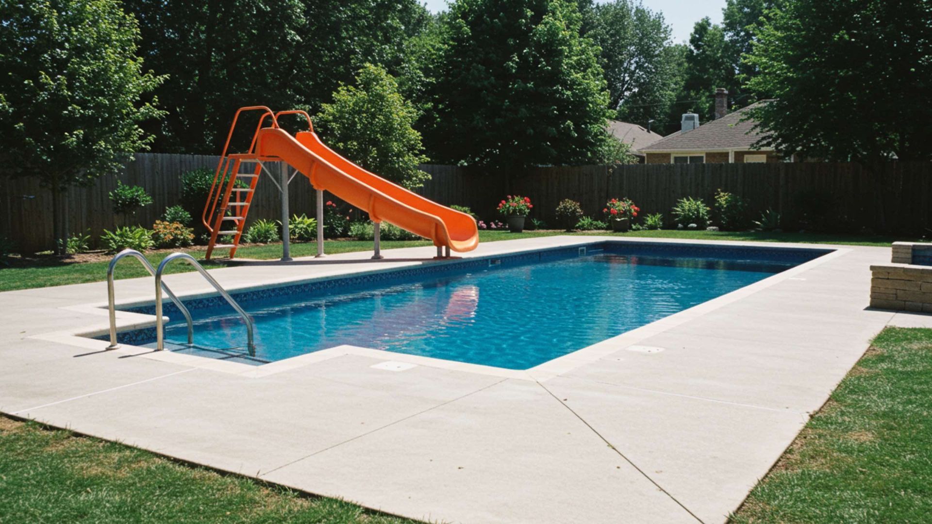 Swimming pool with orange slide surrounded by concrete and green grass.