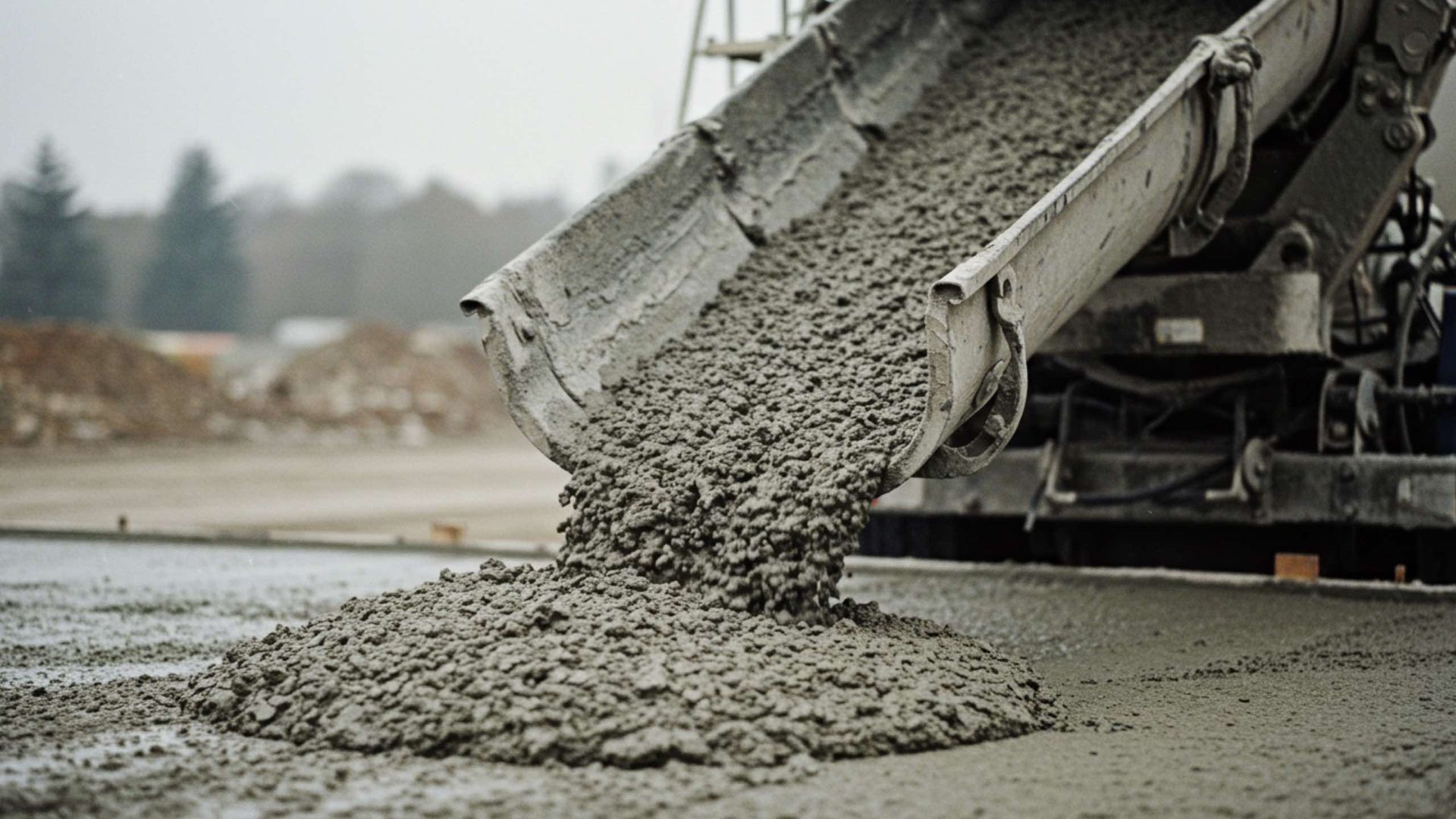Concrete being poured from a truck onto a paved surface.