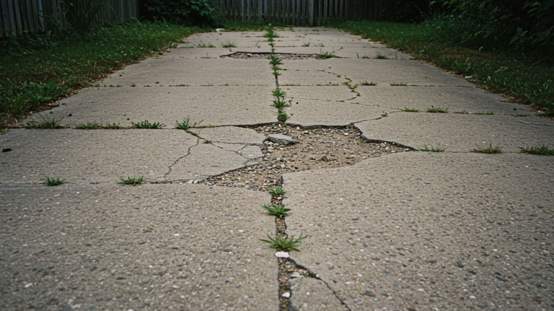 Cracked concrete walkway with weeds growing in the gaps.