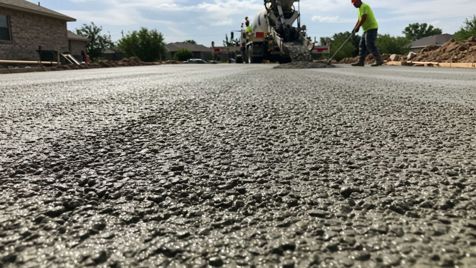 Freshly poured concrete being smoothed, worker in green vest, truck in background.