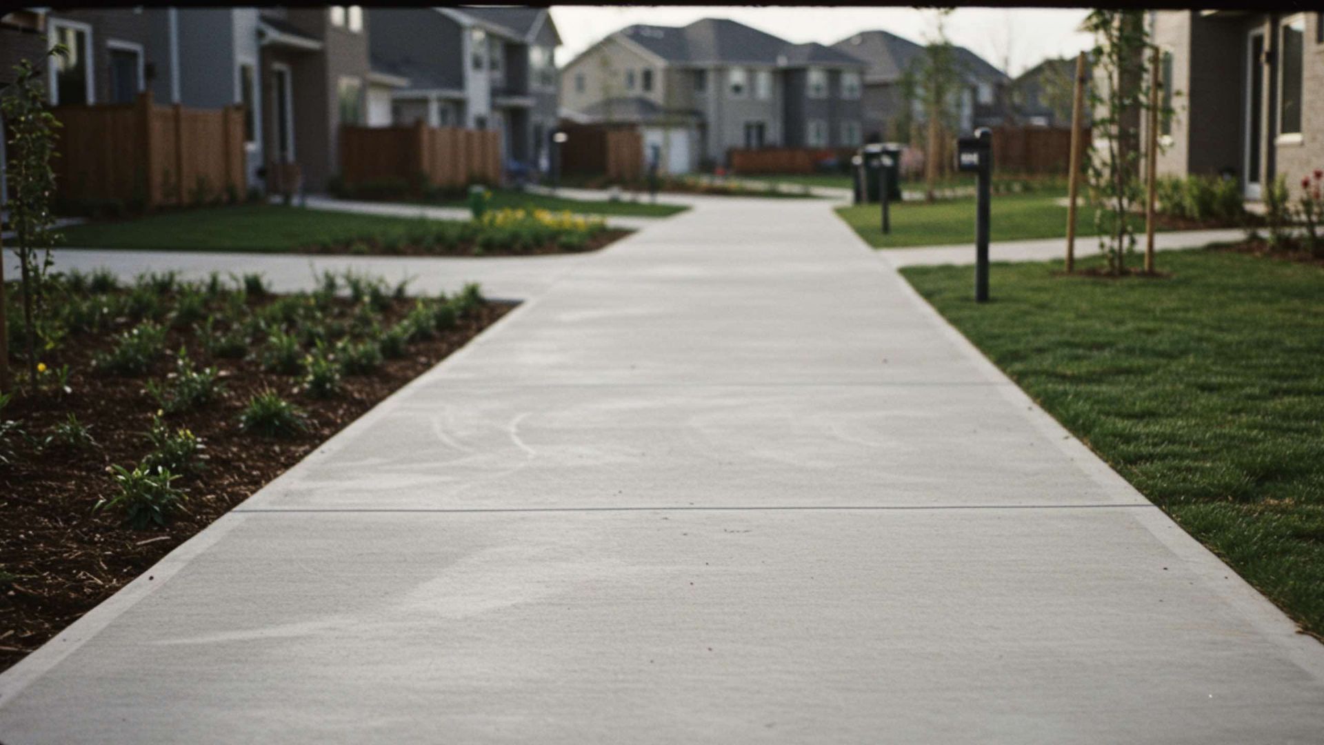 Concrete sidewalk in a residential area, with grass, bushes, and houses in the background.