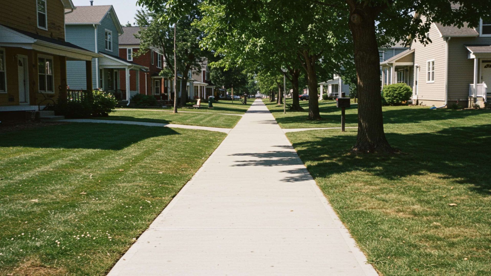 A straight, light-colored concrete sidewalk runs through a residential neighborhood lined with grassy lawns and trees.