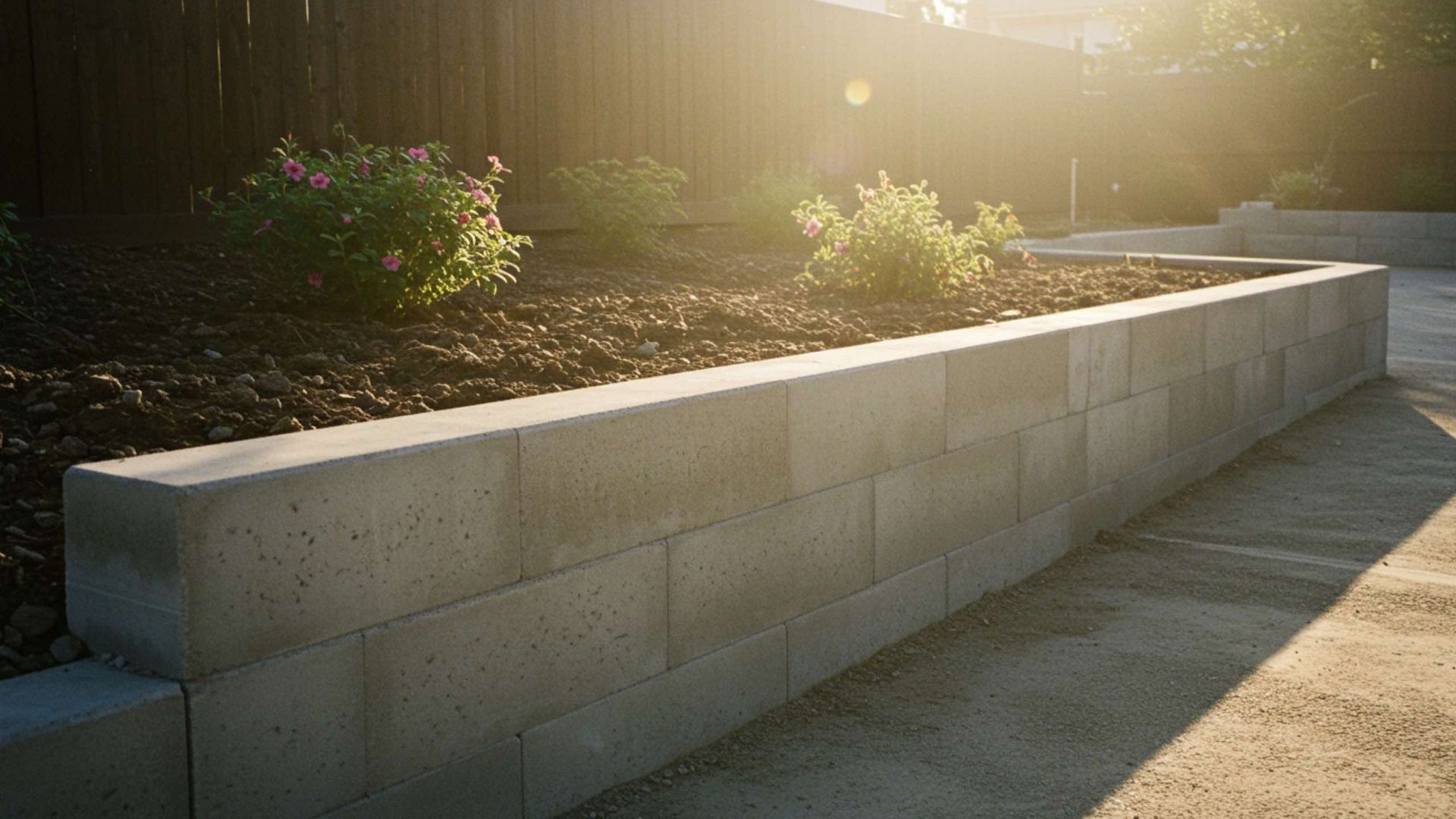 A gray concrete block retaining wall lines a garden bed with shrubs, illuminated by warm sunlight against a wood fence.