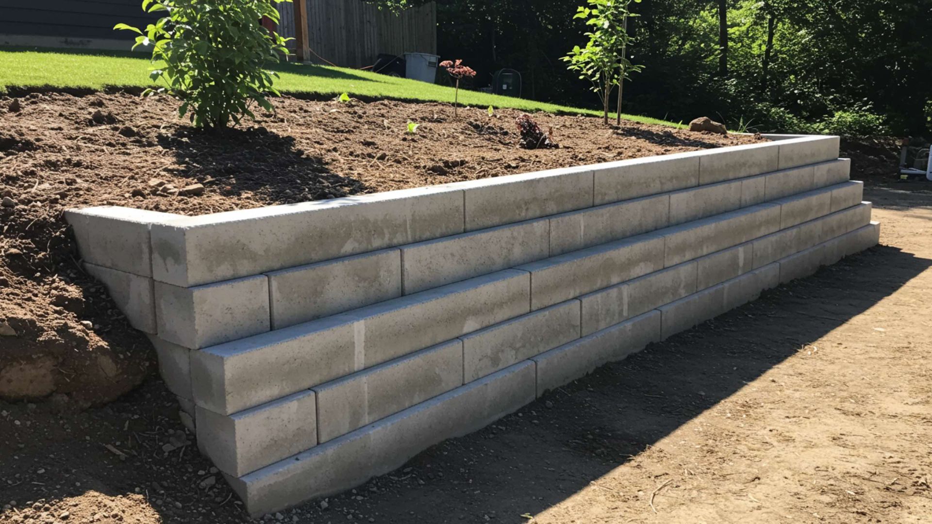 Retaining wall constructed of gray concrete blocks supporting a raised garden bed.