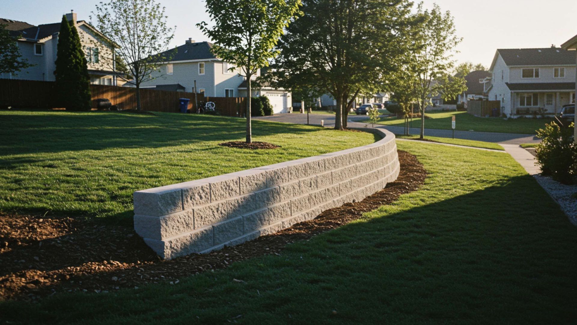 A low, curved concrete retaining wall in a grassy park, trees, and houses in the background.