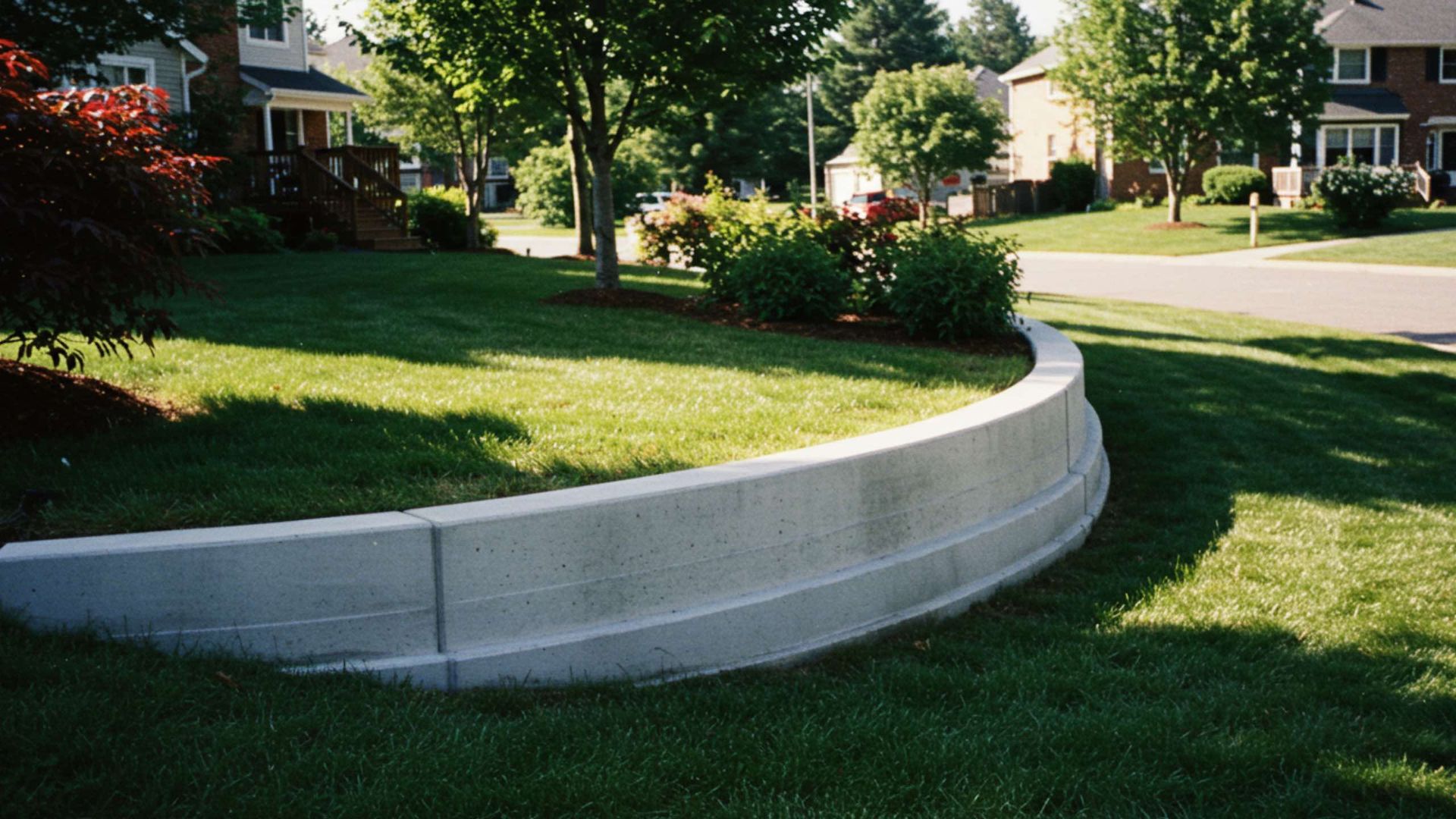 Curved concrete retaining wall in a grassy yard, with trees, bushes, and houses in the background.
