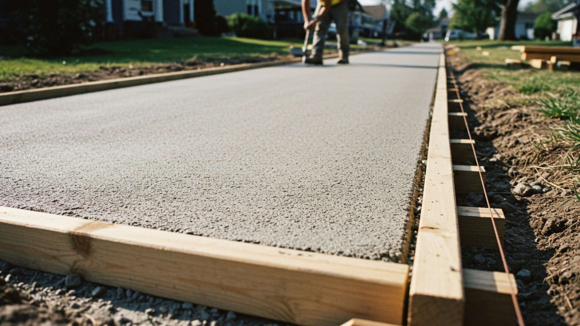 Freshly poured concrete sidewalk with wooden formwork; two workers in the background.