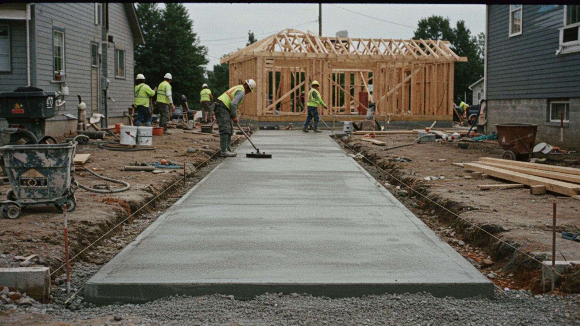 Construction workers in neon safety vests smooth a fresh concrete driveway between two houses at a building site.