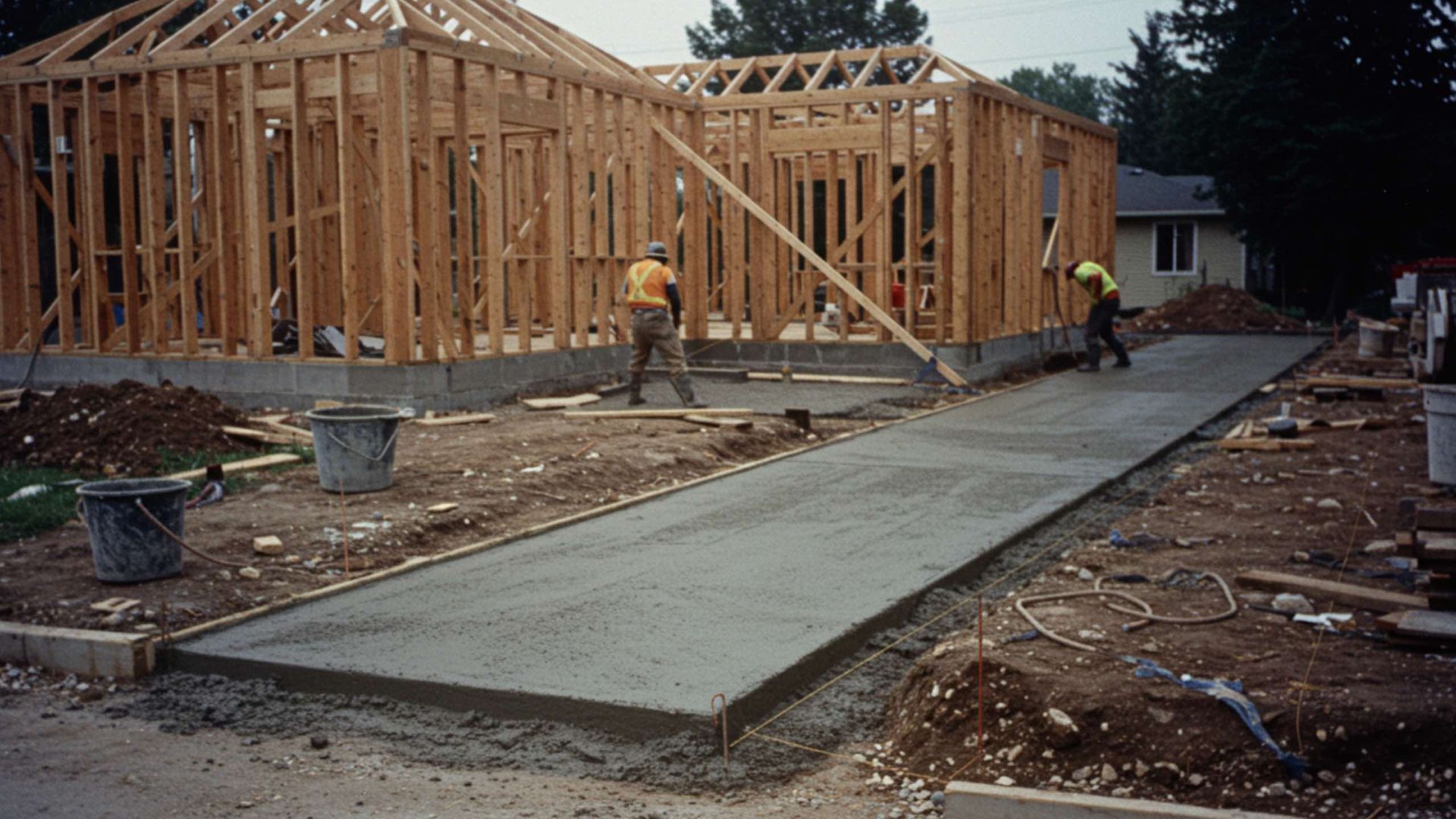 Construction workers pouring concrete for a driveway in front of a wood-framed house under construction.