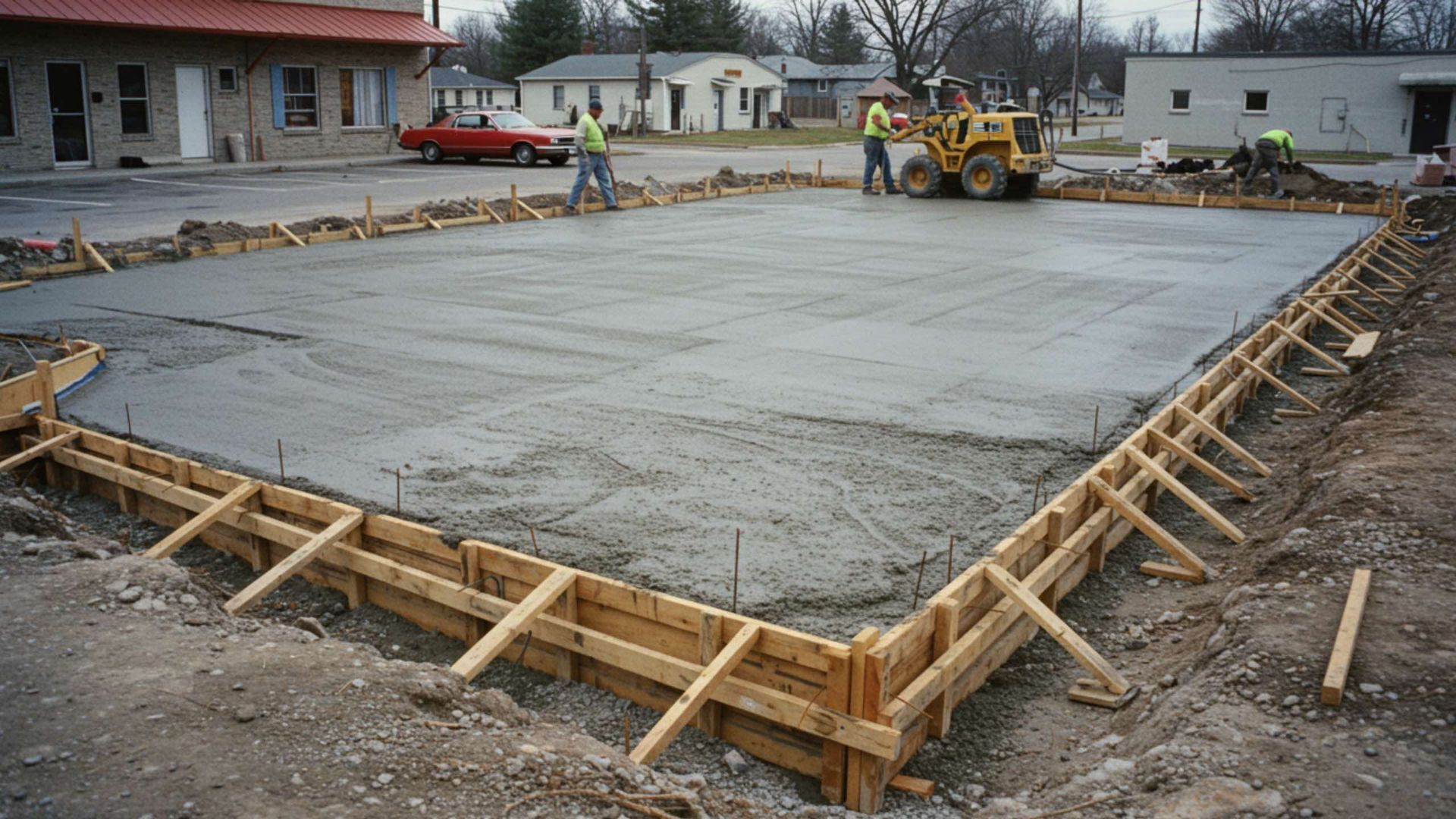 Construction workers leveling wet concrete within wooden forms; outdoor setting.