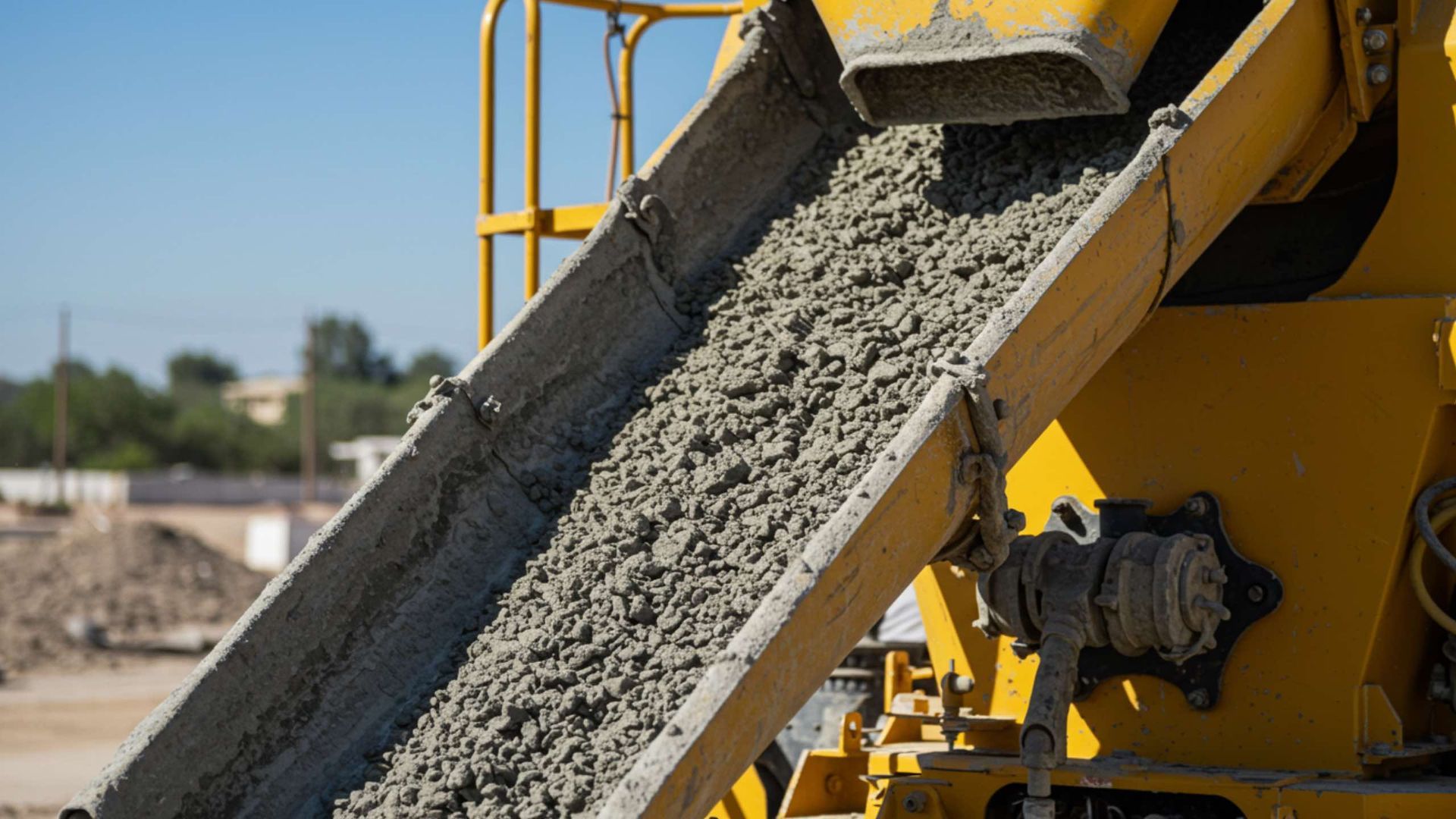 Concrete pouring from a yellow chute on a construction site.