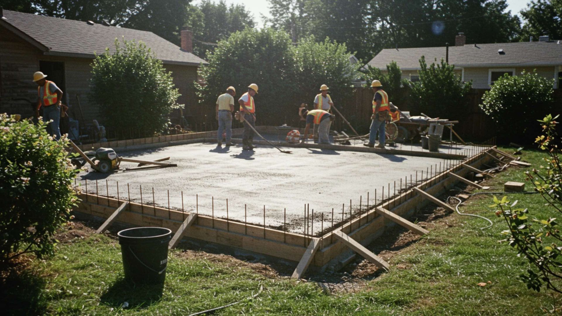Construction workers pouring concrete for a patio in a backyard. Forms, tools, and trees visible.