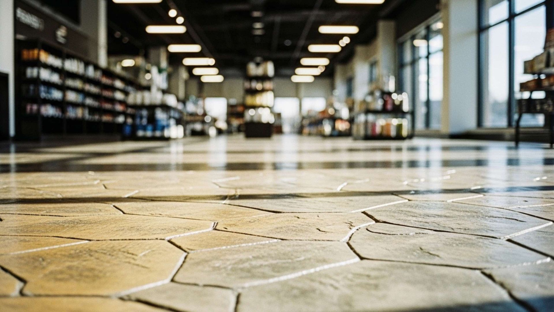 Tiled floor in a bookstore, with shelves and windows in the background. Lighting reflects on the floor.