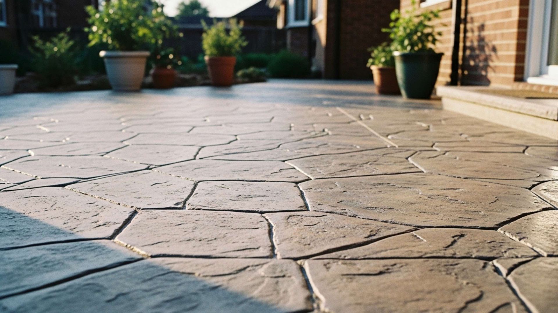 Textured concrete driveway with potted plants in front of a house.
