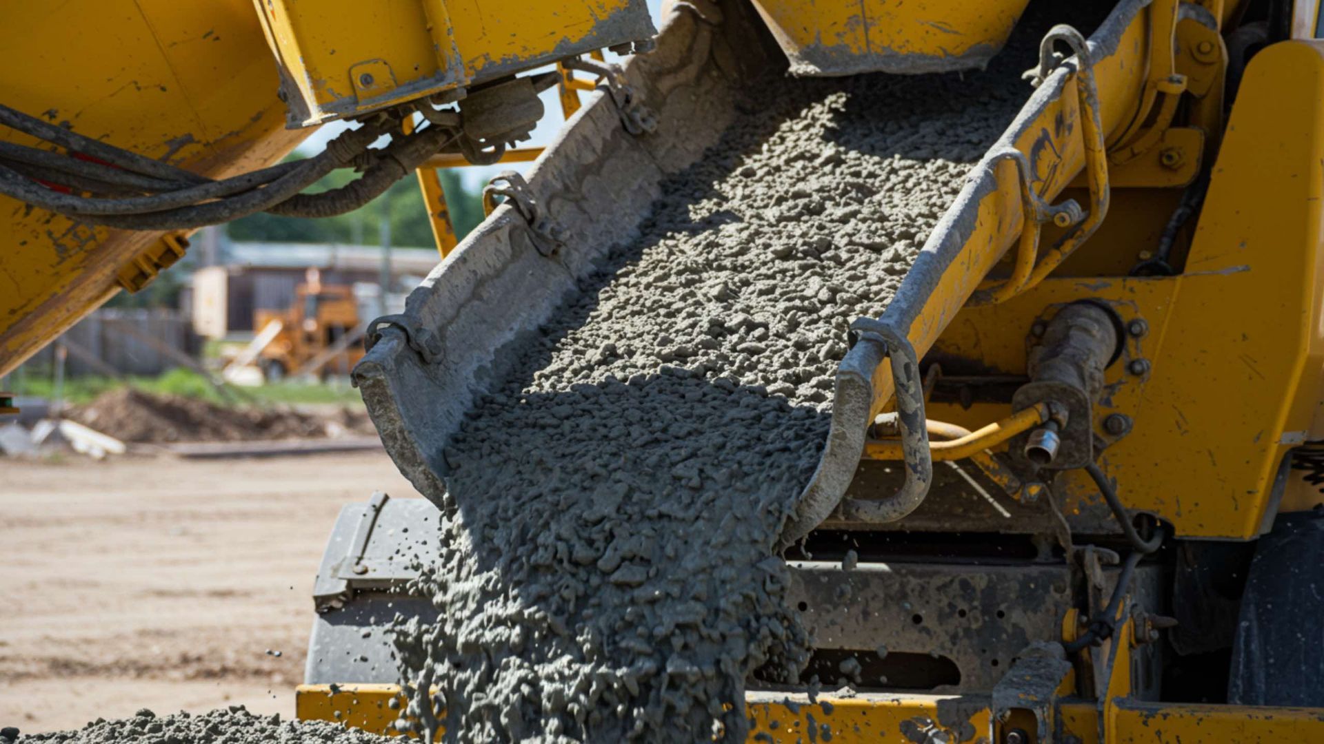 Cement pouring from a yellow concrete mixer, on a construction site.