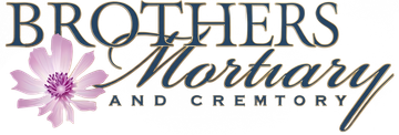 Brothers Mortuary and Crematory logo with pink flower and blue text